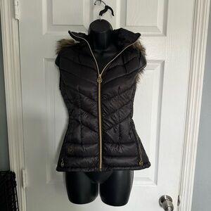 Michael Kors Black Quilted Puffer Vest with Fur Hood - size S